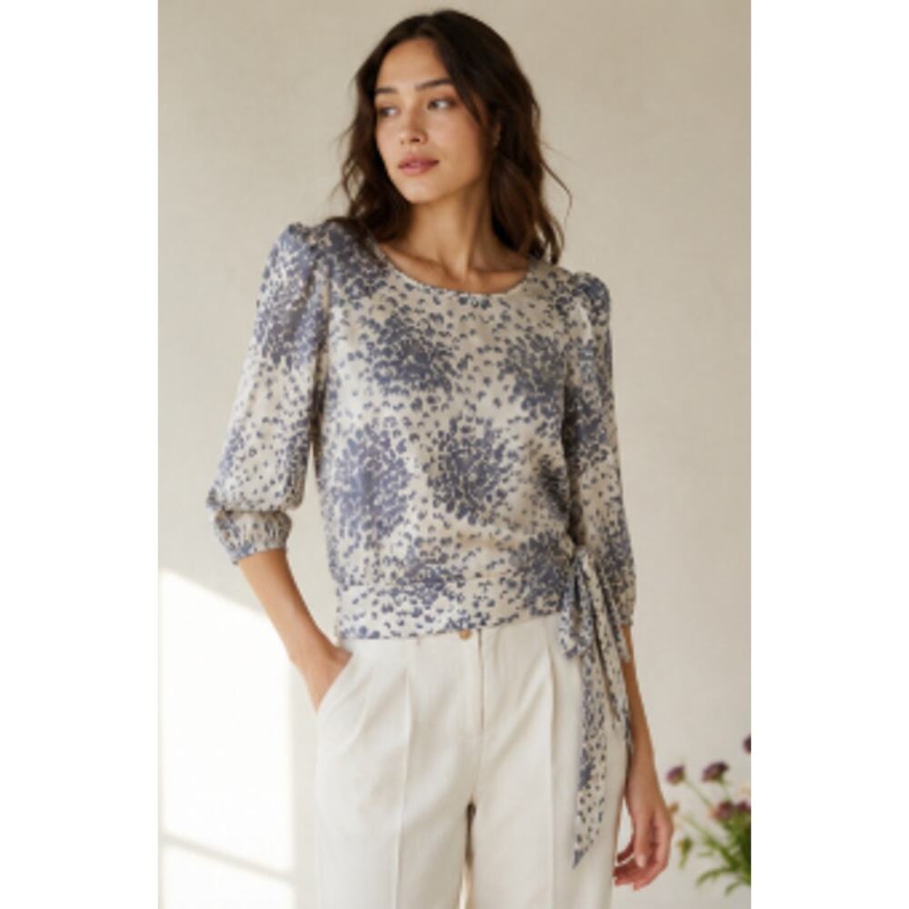Anthropologie Maple Silk Blouse Size 4 Floral Tie Waist Puff Sleeve Boho Top